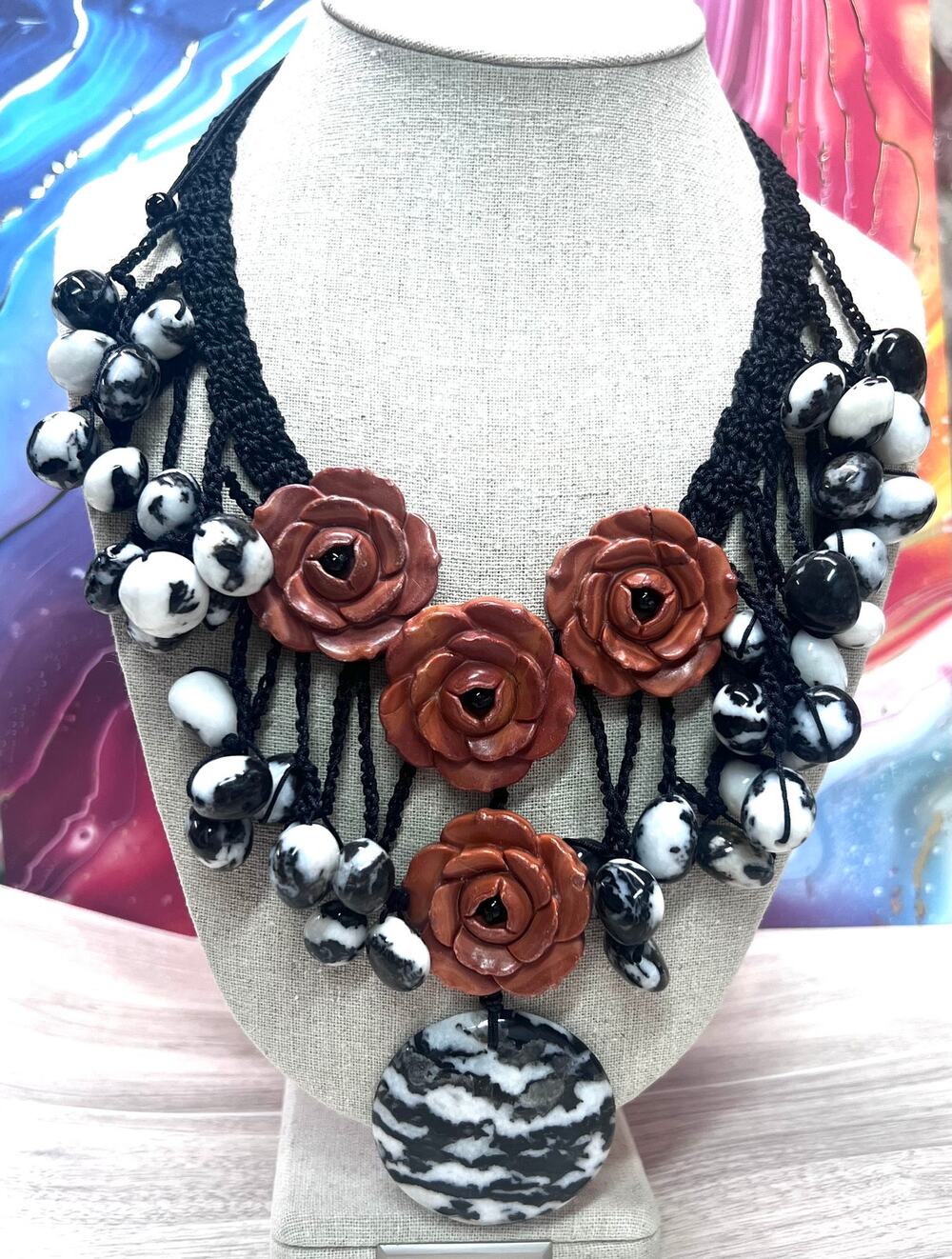 Zebra Agate Red Jasper Black Onyx Hand Crocheted Necklace